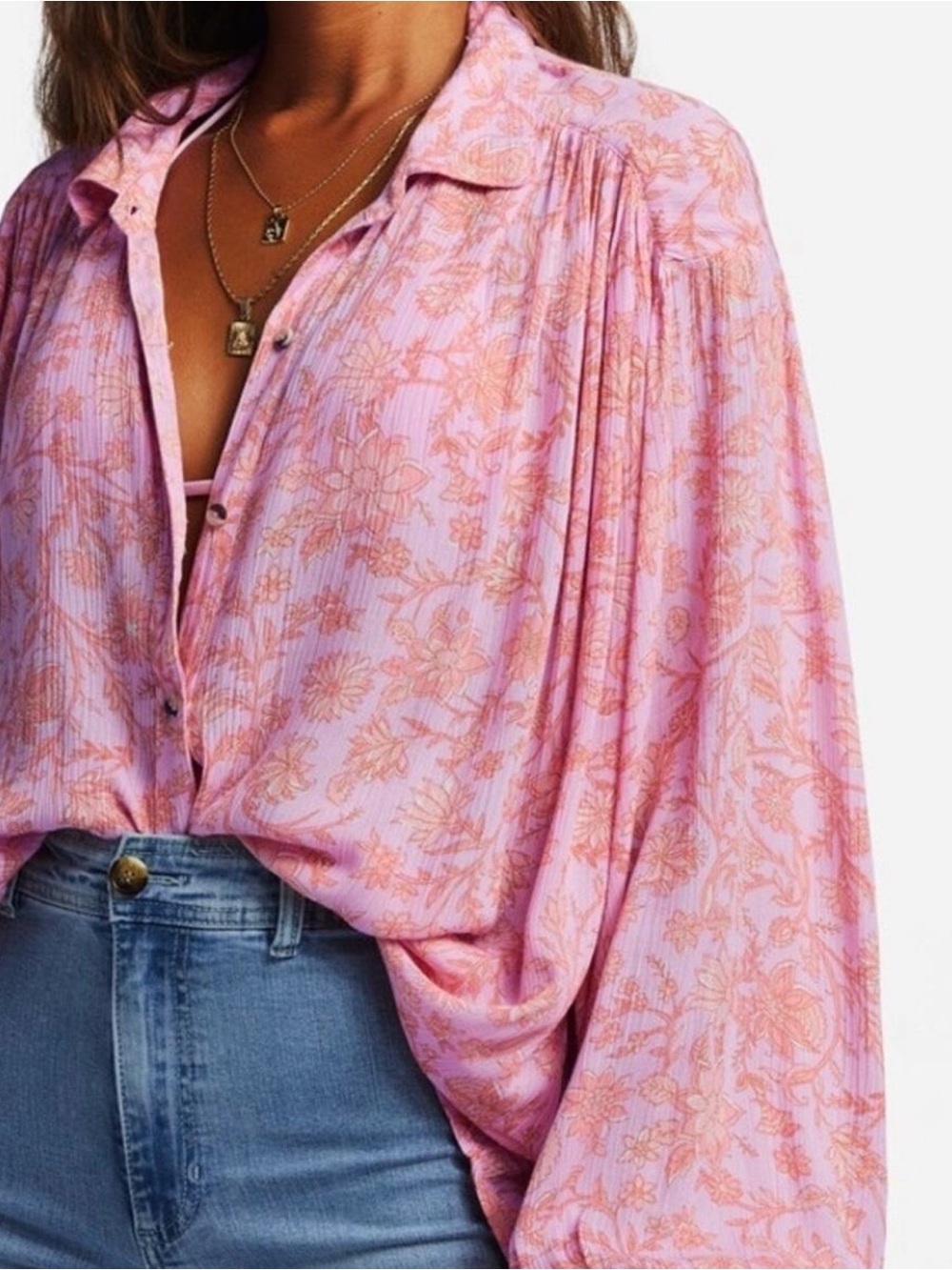 Billabong Pink and Orange Floral Button-Down Blouse